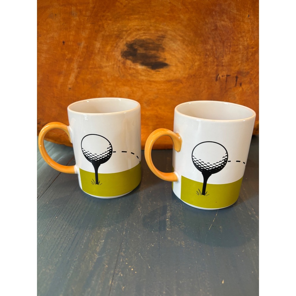 Food Network Golf Mug Set of 2 Stoneware Coffee Cups White Green Orange Golfing